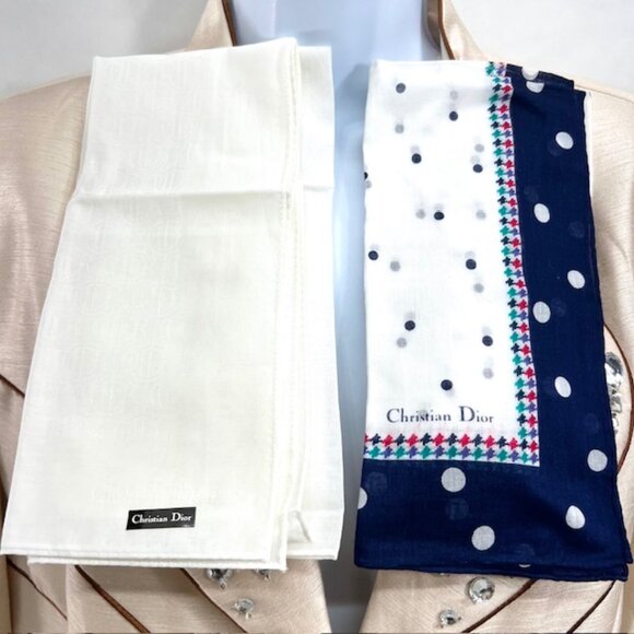 (2) New   Christian dior MiniScarf/Handker18" , silk/ cotton Bule White dott(86) - Picture 1 of 12